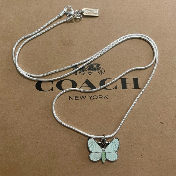 Coach Jewelry - RARE Coach Teal & Green Enamel Crystal Butterfly Pendant .925 Sterling Necklace